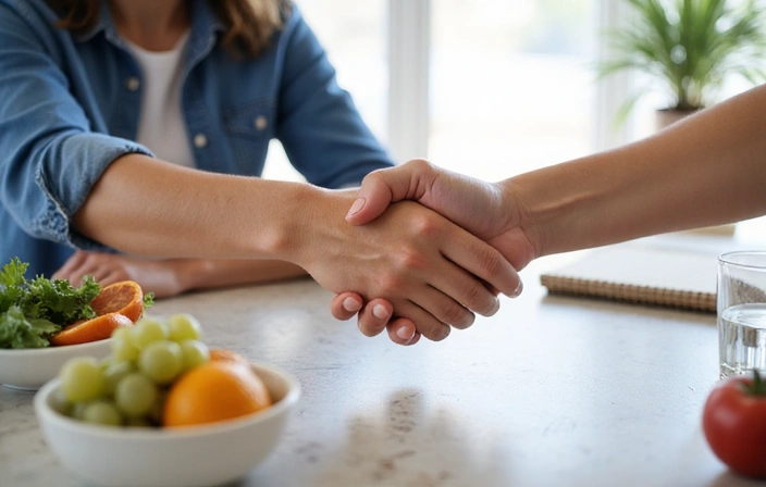 Two hands shaking over a table with healthy food items, symbolizing partnership and personalized nutrition guidance.